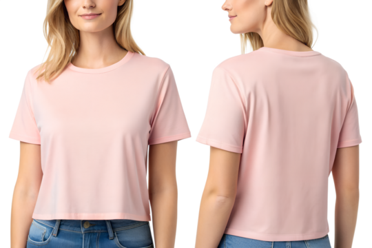 Chic pink cropped tee showcased front and back on a model, perfect for fashion mockups and apparel design