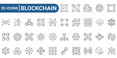 Blockchain line icon set. Includes blockchain, node, decentralized finance, encryption, and tokens. Editable stroke. Vector illustration