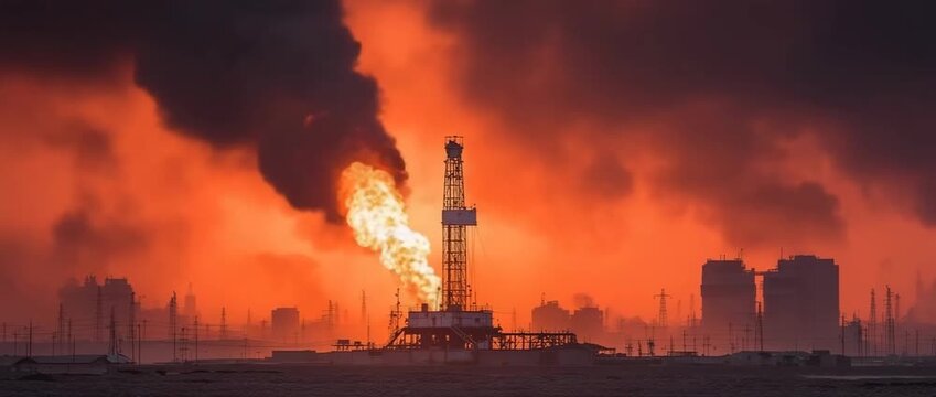 Off in the distance, an oil pump is blazing.  Explosion of a gas fire with burning oil rig
