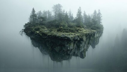 Misty, floating island with lush vegetation