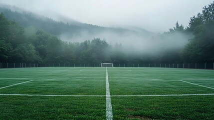 Empty Soccer Field in Foggy Mountain Landscape