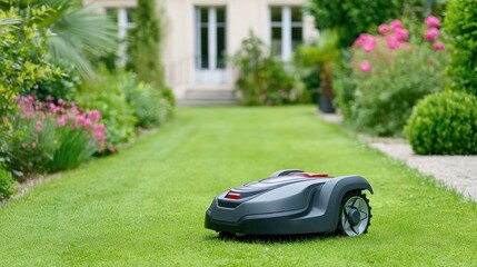 High-Tech Robotic Lawn Mower Navigating a Lush Green Garden Surrounded by Colorful Flowers and a Beautiful Home in the Background