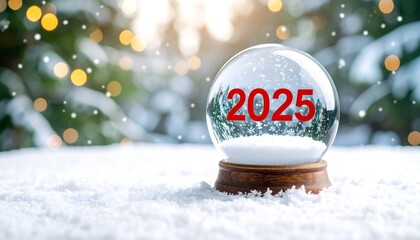 Snow globe with 2025 on a snowy surface