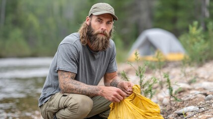 A tattooed man in eco-friendly clothing gathers litter into a reusable bag by the river, surrounded by nature and tents, encouraging sustainable outdoor practices