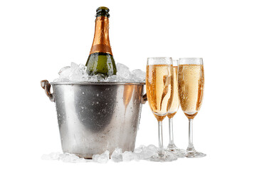 ampagne bottle and ice bucket with champagne glasses isolated on a white background, a PNG clipart cutout illustration of a champagne bottle in an icy metal bucket, (3)