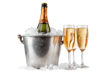 ampagne bottle and ice bucket with champagne glasses isolated on a white background, a PNG clipart cutout illustration of a champagne bottle in an icy metal bucket, (3)