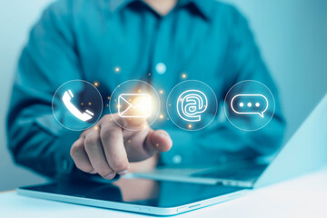 Businessman icons (address, phone, email, mobile, call) contact customer support, email website help, business contact service digital technology, contact us, 24 hours online customer service center c