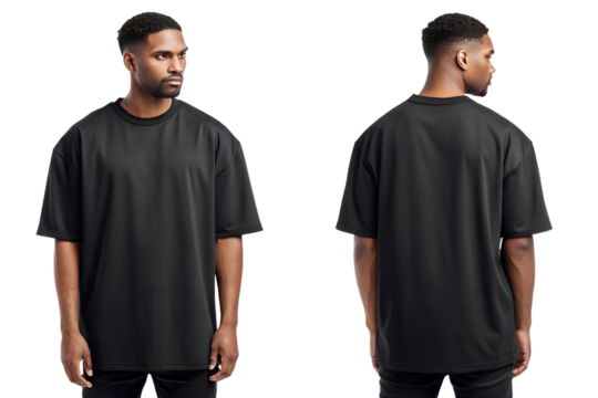 Stylish man modeling a modern black oversized t-shirt front and back view