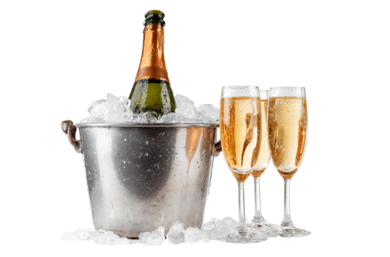 ampagne bottle and ice bucket with champagne glasses isolated on a white background, a PNG clipart cutout illustration of a champagne bottle in an icy metal bucket, (3)