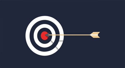 Arrow hits bullseye. Target in black, white, and red. Goal achievement concept