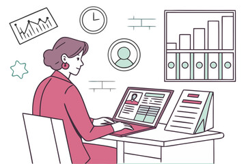 HR manager reviewing candidate profiles on a laptop, office background with files and charts, pastel colors, vector flat style. Transparent background 