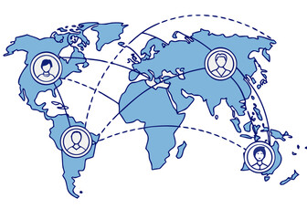 world map with connecting lines and people avatars, digital vector style, blue corporate tones, minimal and clean. Transparent background 