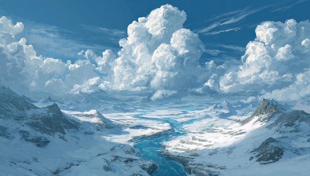 Panoramic view of a snowy mountain range, a river winding through a valley, and large, fluffy clouds against a clear blue sky