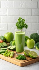 Refreshing green juice with fresh apples cucumber lime spinach kale and broccoli