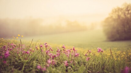 Obraz premium A tranquil sunrise over a lush green field, dewdrops glistening like tiny jewels in the morning light. 
