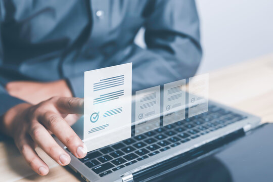 Businessmen review contract documents, manage documents and agreements, sign contracts and business cooperation, have an efficient accounting document system without using paper.	
