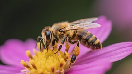 A honeybee pollinating a vibrant pink flower with a yellow center