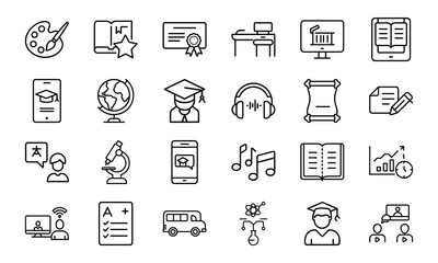 Fototapeta premium 24 Education and School Line Icons Classroom, Online Learning, Graduation, Science, Music, Language, and Study Tools Vector Icon Set for Teachers, Students, and Educational Projects