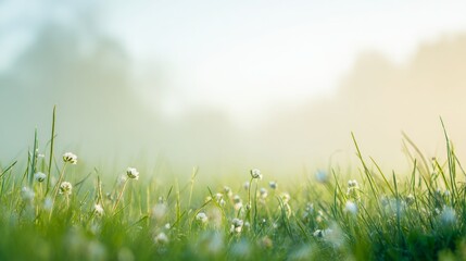 Fototapeta premium A tranquil sunrise over a lush green field, dewdrops glistening like tiny jewels in the morning light. 