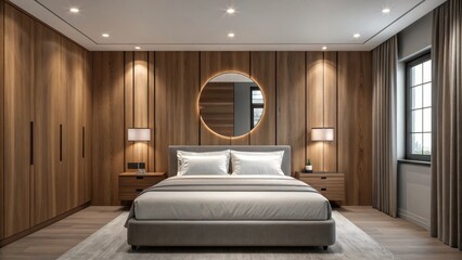 Luxurious modern bedroom with wood paneling and elegant furnishings