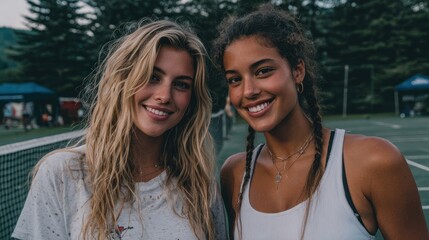 After an exciting tennis match, two women share joyful smiles while holding their racquets beside the net, enjoying the great outdoors and natural light