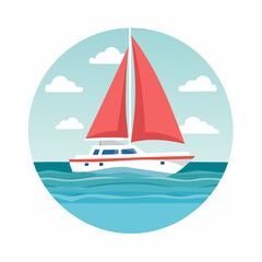 Sailboat with red sails cruising on the ocean waves under a cloudy blue sky. A flat vector illustration of a yacht for travel and leisure concepts