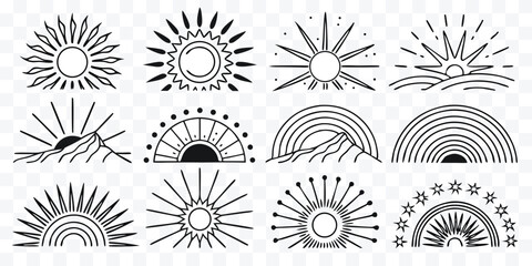 Set of minimalist sun and sunrise icons in outline style representing various celestial symbols and natural phenomena for design projects