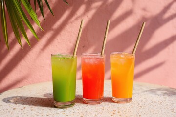 Obraz premium Three vibrant summer drinks, matcha lemonade, berry soda, and coconut water, showcase refreshing colors on a terrazzo table in midday sunlight, complemented by palm shadows