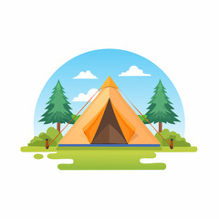 Vector illustration of a serene campsite featuring a bright yellow tent nestled among lush green pine trees under a clear blue sky