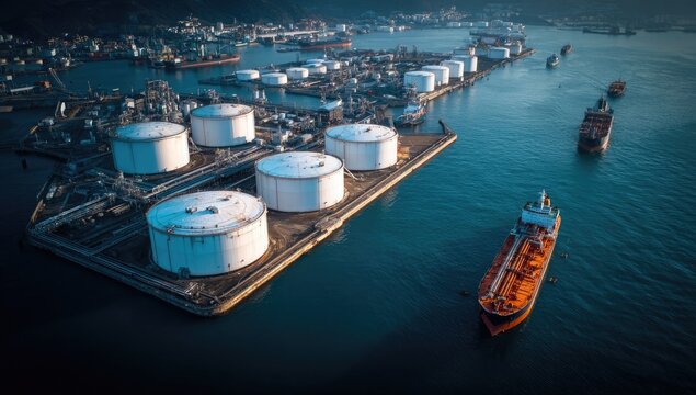 Aerial view of a busy oil port.  Large white storage tanks, industrial structures, and ships are visible