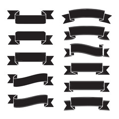 Collection of distressed black ribbon banners with textured effects for design