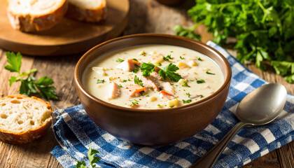 Creamy soup served in bowl with fresh herbs, accompanied by slices of bread on wooden table, evokes warmth and comfort