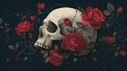 Skull surrounded by vibrant red roses and sharp thorns on dark background creates striking and dramatic contrast. image evokes sense of mystery and beauty