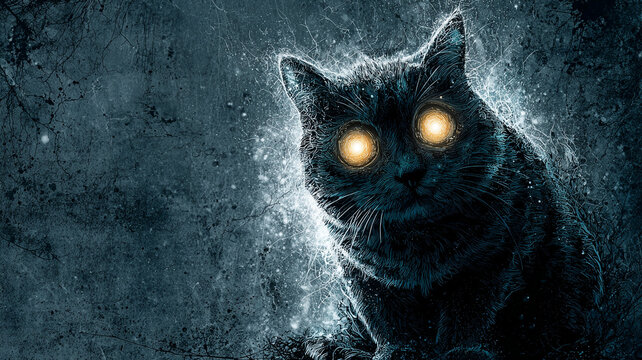 Spooky cat with glowing eyes stares intensely from dark background, creating eerie atmosphere. mysterious feline is surrounded by misty aura, enhancing supernatural vibe