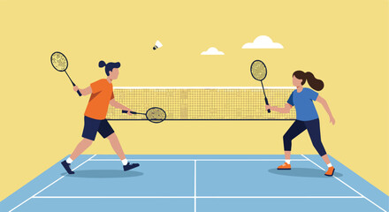Two players on a court, hitting a shuttlecock during a badminton game illustration