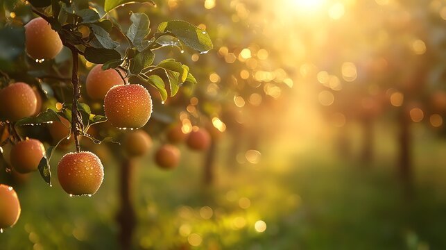 Fresh Apples Hanging on Tree in Orchard at Sunset - Powered by Adobe