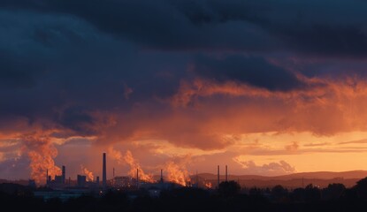 Obraz premium Industrial Sunset Factory Pollution, Landscape, Dusk, Orange Sky, Environmental