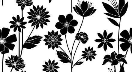 Elegant black and white floral pattern featuring various stylized flowers and leaves.