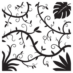 Silhouette botanical elements of tropical leaves and vines with swirling tendrils