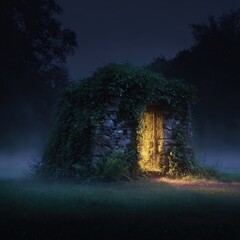 Stone hut, glowing door, mystical night