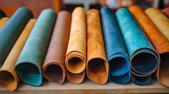 Colorful leather pieces and rubber soles are organized beautifully, showcasing shoemaking materials