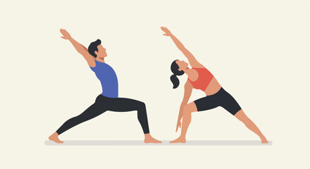 Fototapeta premium Yoga illustration of a man and woman doing poses for flexibility & relaxation