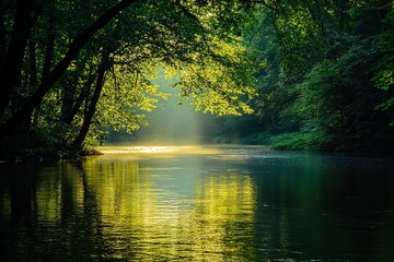 Fototapeta premium Forest river illuminated by sunlight in the morning