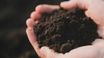 Hands holding a mound of rich, dark soil