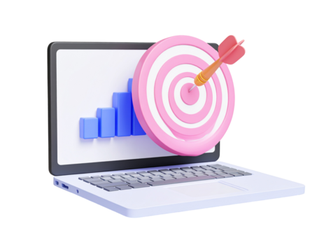 Laptop with charts, a dart hitting the target. Data analysis visualization concept