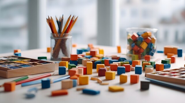 Colorful wooden blocks and art supplies on a table. - Powered by Adobe