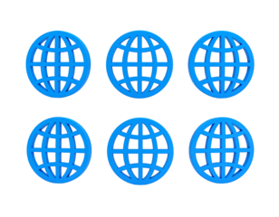 Six blue globe symbols, arranged in two rows, representing global connections and networks on black