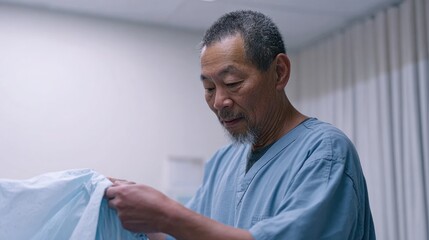 A calm and attentive male nurse in his late 40s assists a patient by adjusting their hospital gown at the bedside in a bright patient room