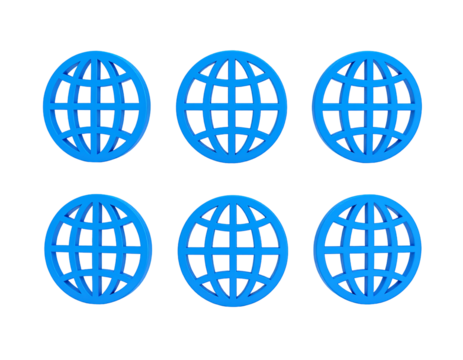 Six blue globe symbols, arranged in two rows, representing global connections and networks on black