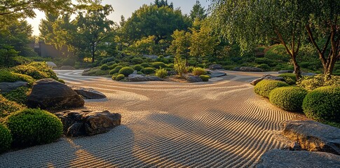 Zen Garden with Raked Gravel and Boulders